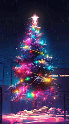 炫酷圣诞彩色缤纷圣诞树节日，夜晚街道建筑，暗黑