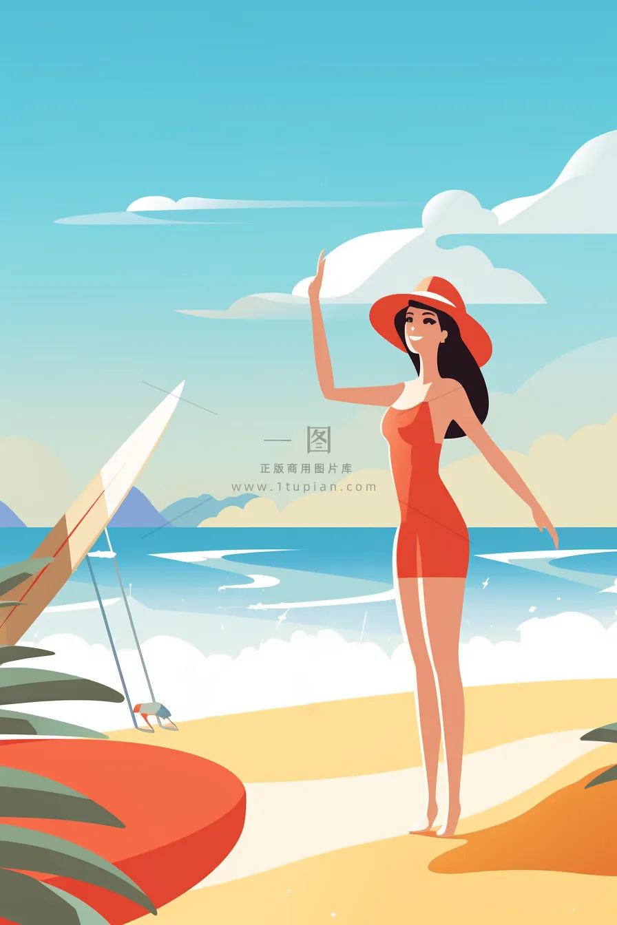 海边的少女沙滩椰树冲浪板海鸥卡通插画素材
