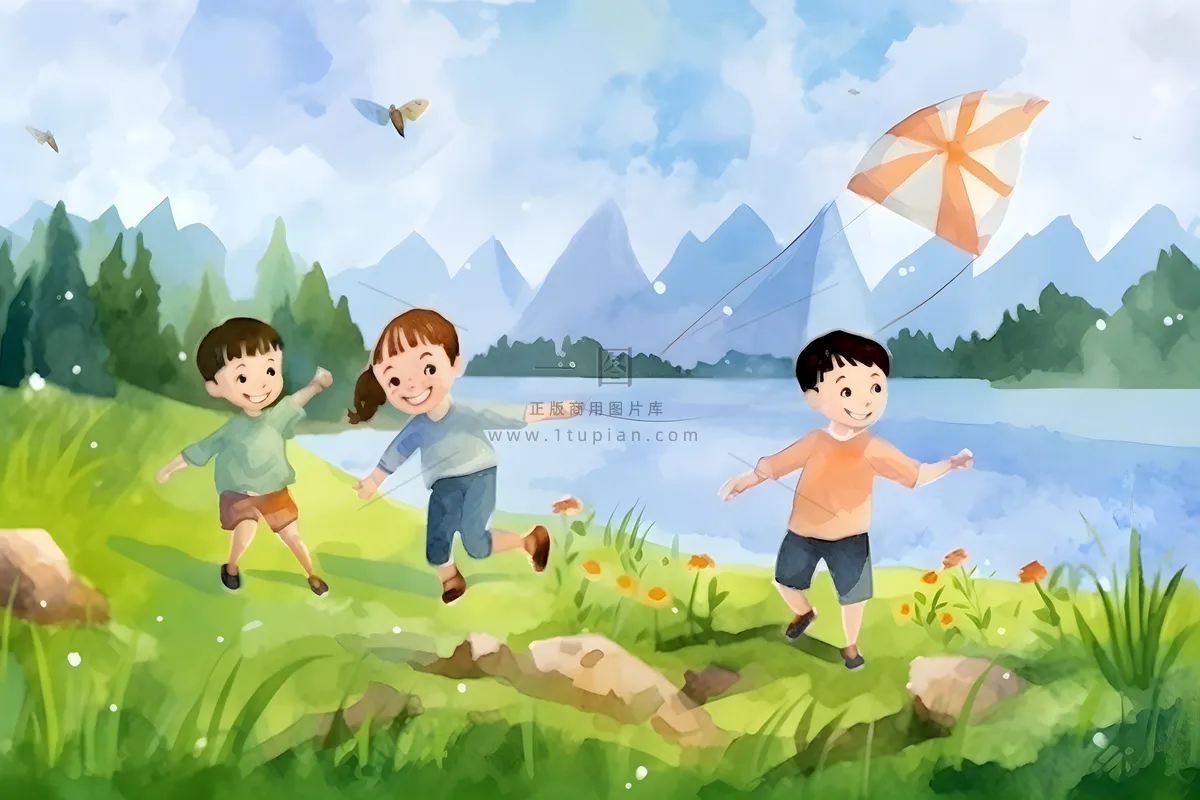 儿童孩子们大自然草原森林游玩卡通背景