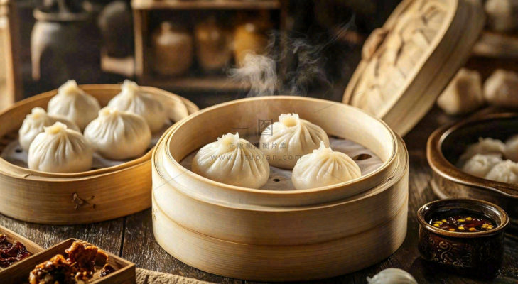 美味的小笼包笼屉美食早点摄影图