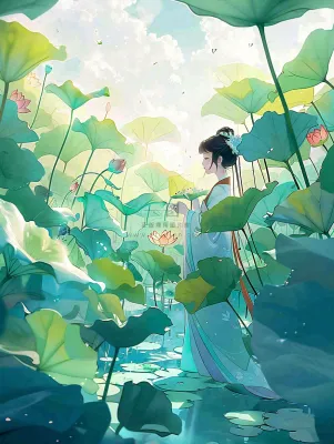 夏天插画风格古装少女在荷花池采莲花唯美夏日清凉小暑立夏夏至大暑插画背景