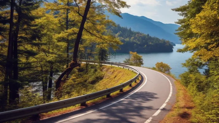 秋天湖边的公路遍布着黄了的树落叶摄影图