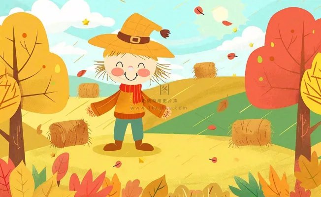 金秋稻田麦田稻草人秋风瑟瑟落叶立秋秋分处暑卡通插画背景 金秋稻田麦田稻草人秋风瑟瑟落叶立秋秋分处暑卡通插画背景