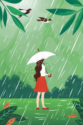 春天梅雨季红色女孩打雨伞户外绿色植物雨水谷雨卡通插画背景