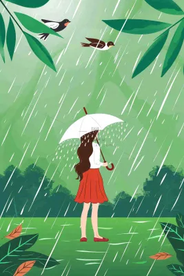 春天梅雨季红色女孩打雨伞户外绿色植物雨水谷雨卡通插画背景