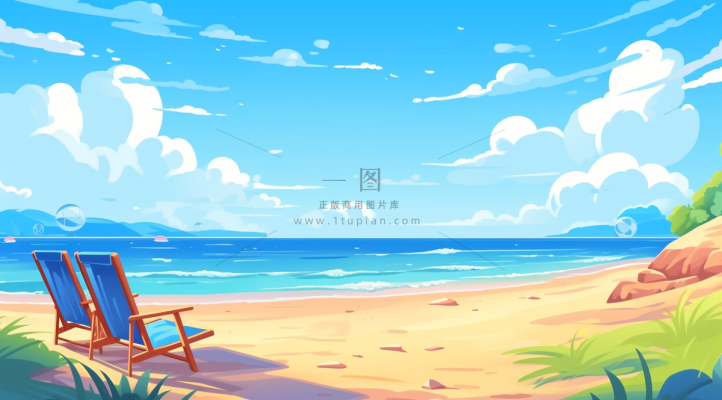 夏日海滩沙滩椅海浪卡通插画背景