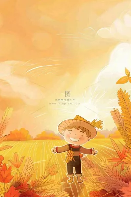 秋天金黄的农田小麦稻谷稻草人落日秋收立秋处暑秋分卡通插画背景 秋天金黄的农田小麦稻谷稻草人落日秋收立秋处暑秋分卡通插画背景