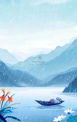 春天雨天湖面山脉小船植物花朵，雨水谷雨