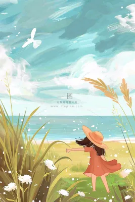 秋天湖边女孩随风舞动芦苇荡白鸽白鹭白露寒露插画背景