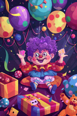 马戏团小丑表演开心紫色卡通搞怪愚人节插画背景 马戏团小丑表演开心紫色卡通搞怪愚人节插画背景