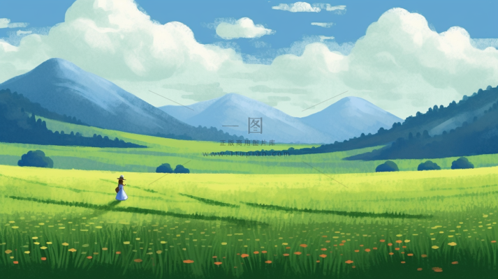 春天山林草原蓝天白云花丛摄影图