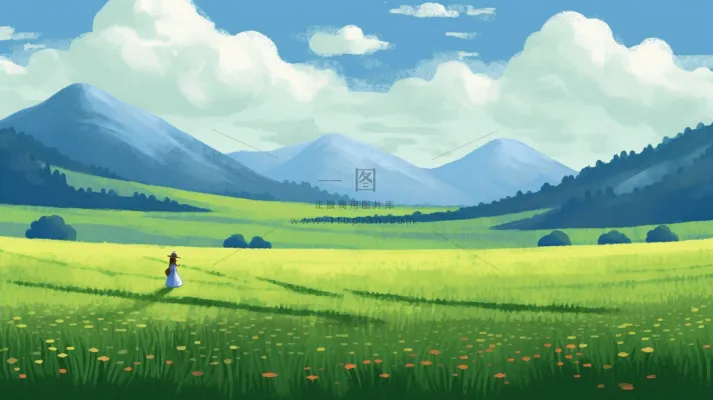 春天山林草原蓝天白云花丛摄影图