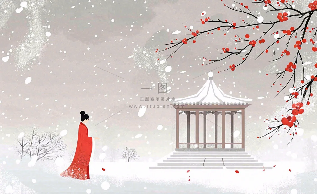 古风冬天雪景红衣女孩梅花雪地里的凉亭大雪小雪冬至中国风插画背景