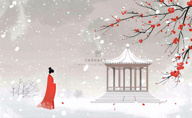 古风冬天雪景红衣女孩梅花雪地里的凉亭大雪小雪冬至中国风插画背景 古风冬天雪景红衣女孩梅花雪地里的凉亭大雪小雪冬至中国风插画背景