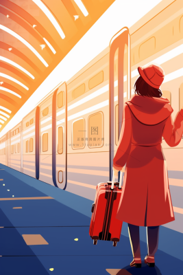 中国传统节日春节除夕春运赶火车回家团聚的人物插画海报背景