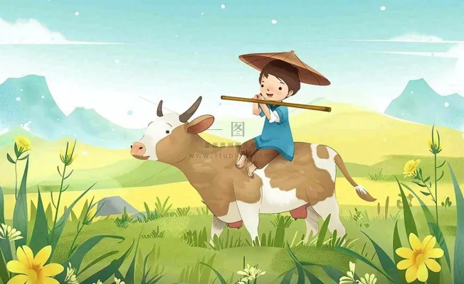 春天孩童放牛吹笛草地花丛出游清明时节卡通插画背景 春天孩童放牛吹笛草地花丛出游清明时节卡通插画背景