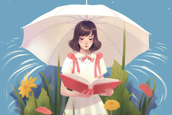 下雨天打伞的少女捧着书本绿植卡通插画素材