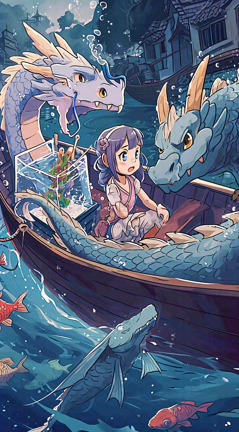 创意卡通古风河面人物游船，夜晚龙灯笼光照，海浪水面
