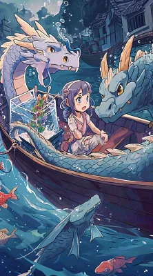 创意卡通古风河面人物游船,夜晚龙灯笼光照,海浪水面 创意卡通古风河面人物游船,夜晚龙灯笼光照,海浪水面