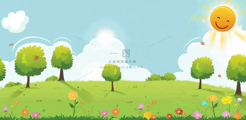 太阳白云草坪大树儿童节卡通插画背景 太阳白云草坪大树儿童节卡通插画背景