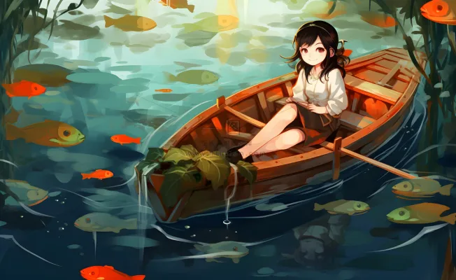 在湖中划船的女孩睡莲绿叶插画海报背景 在湖中划船的女孩睡莲绿叶插画海报背景