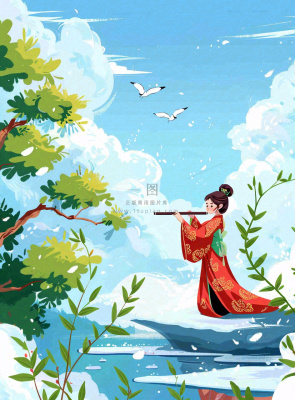 春夏古风女孩游湖吹笛小鸟绿叶大树惊蛰春分立夏清明卡通插画背景 春夏古风女孩游湖吹笛小鸟绿叶大树惊蛰春分立夏清明卡通插画背景