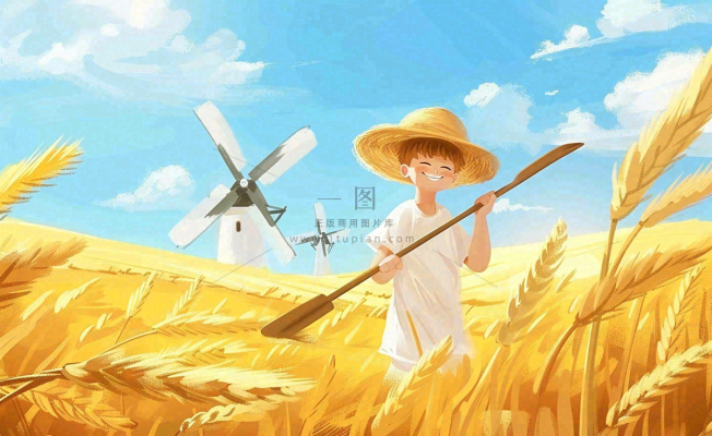 金秋秋天丰收麦田风车男孩人物小麦稻穗立秋秋分处暑芒种卡通插画背景