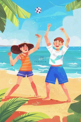 夏至海边沙滩度假玩乐小暑大暑节气插画背景
