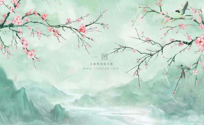 清明节春天桃花柳树燕子山水中国风古风雨水谷雨水墨插画背景 清明节春天桃花柳树燕子山水中国风古风雨水谷雨水墨插画背景