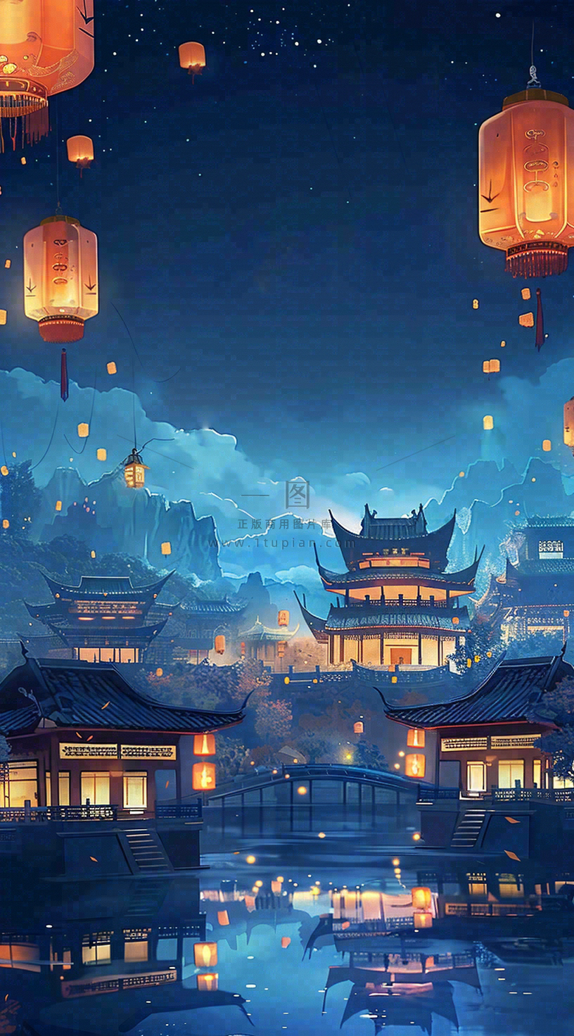 夜晚点灯孔明灯祈福中元节寒衣节插画背景