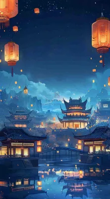 夜晚点灯孔明灯祈福中元节寒衣节插画背景 夜晚点灯孔明灯祈福中元节寒衣节插画背景