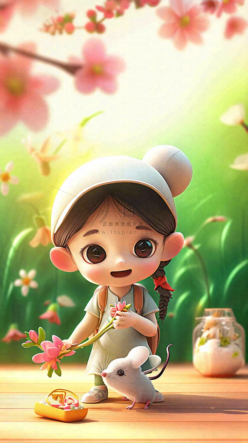 儿童节小女孩田间游玩小草小花,动物鱼类可爱