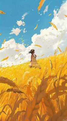 秋天金色麦田女孩蓝天秋收立秋秋分处暑芒种插画背景 秋天金色麦田女孩蓝天秋收立秋秋分处暑芒种插画背景