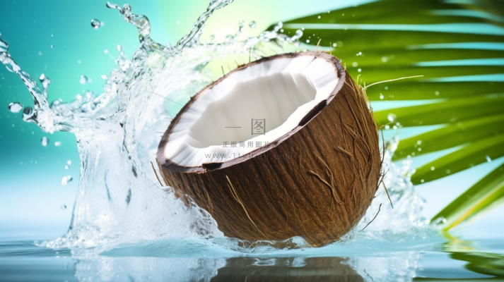 夏日椰子与水飞溅椰汁饮料摄影图