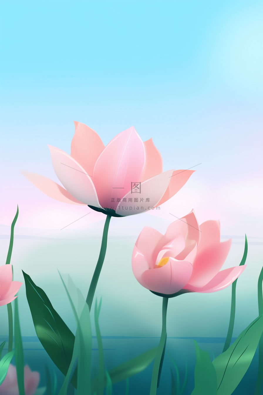粉蓝色清爽夏日大气花朵扁平背景