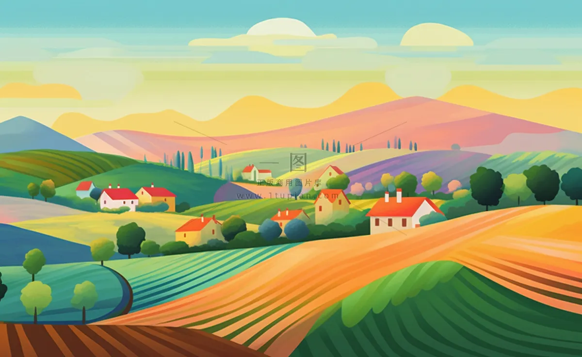 乡村村庄美丽风景河流插画农田插画背景