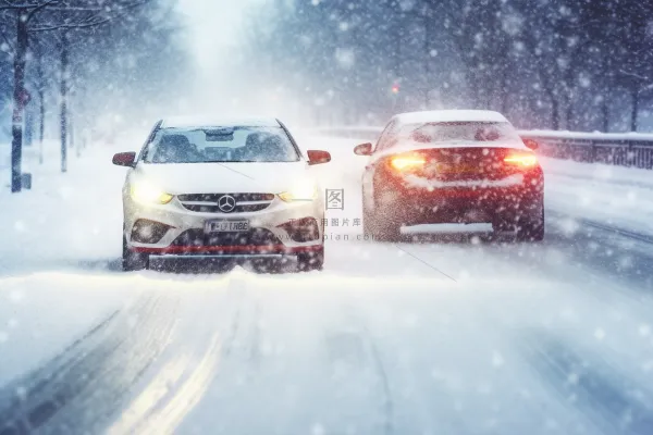 下雪天道路行驶的汽车大雪摄影图