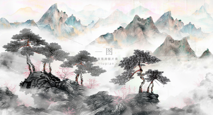 水墨祖国山河磅礴气势青山国画插画背景