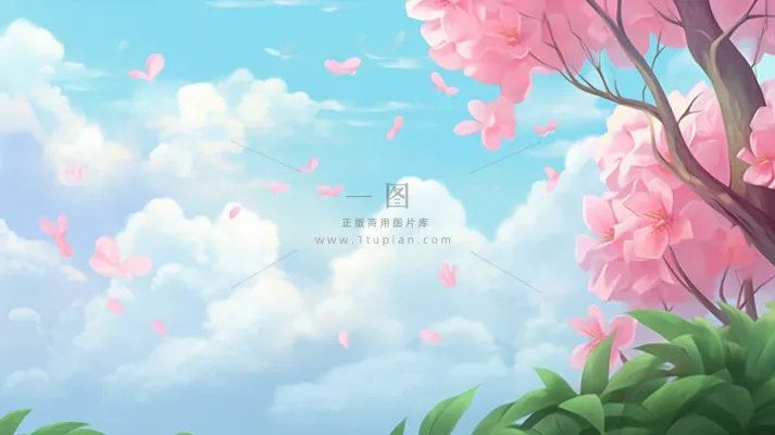 蓝天白云粉色花树花瓣卡通插画素材
