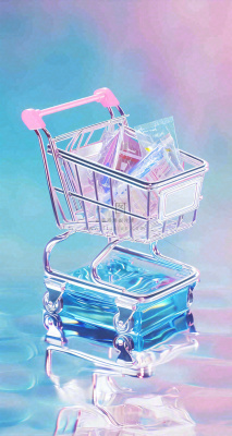 彩色奇幻渐变蓝紫粉色购物车手推车3D