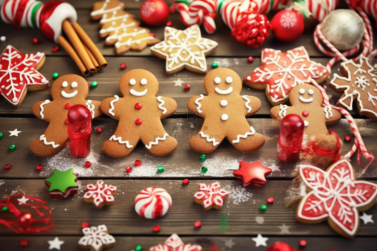 圣诞糖果姜饼人雪花饼干摄影图