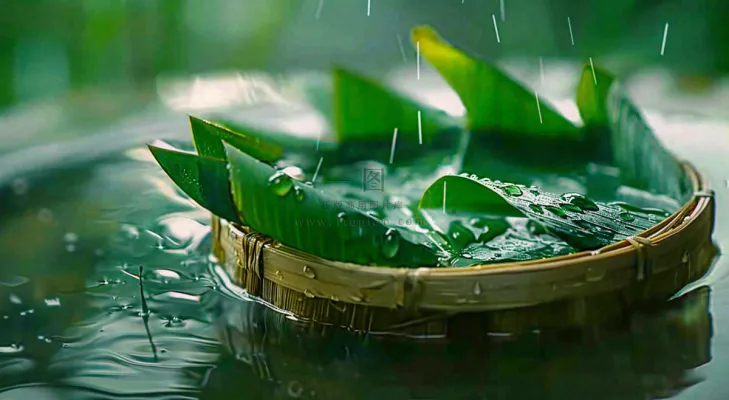 端午节浸泡的绿叶粽叶清新摄影图