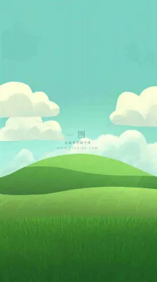 蓝天白云草地卡通扁平手绘插画春天绿色立春,春分 蓝天白云草地卡通扁平手绘插画春天绿色立春,春分
