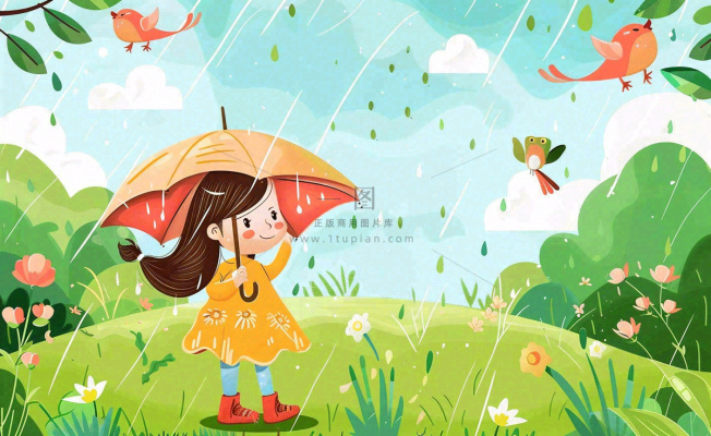 春天雨季女孩打伞在森林公园里嬉戏小草花丛鸟春游踏青雨水谷雨卡通插画背景