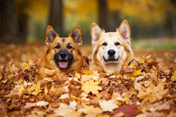 秋天公园黄落叶小狗宠物摄影图