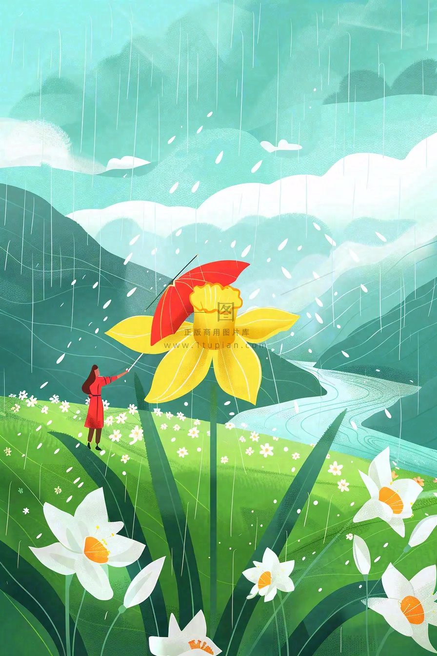 春天梅雨季红衣服人物插画花朵花丛绿草坪雨水谷雨春分插画卡通背景