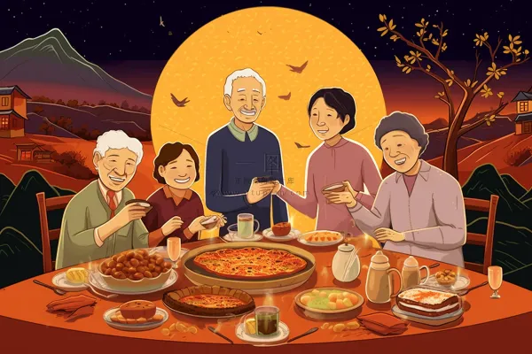 一家人吃饭团圆饭圆月插画素材背景
