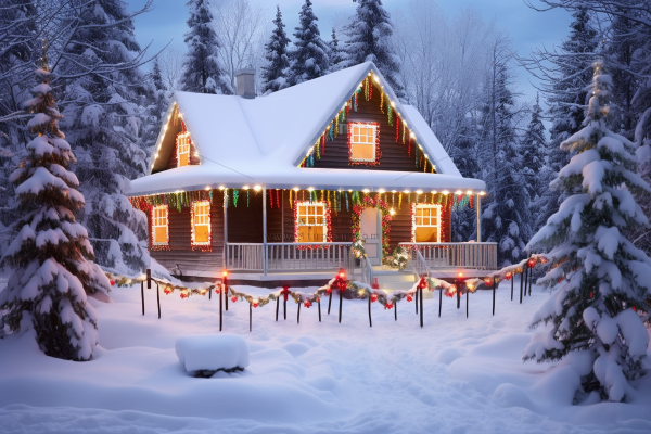 圣诞节雪木屋装饰灯森林木屋摄影图