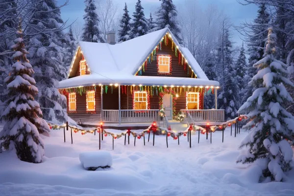 圣诞节雪木屋装饰灯森林木屋摄影图