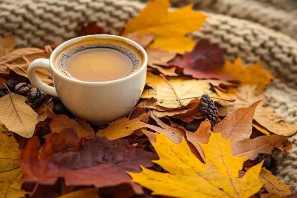 秋天下午茶咖啡落叶毛衣摄影图